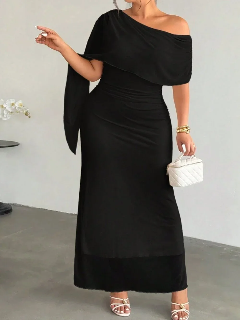 Black Elegant Women's Slim Fit Ruched Asymmetric High Waisted Long Pencil Dress
